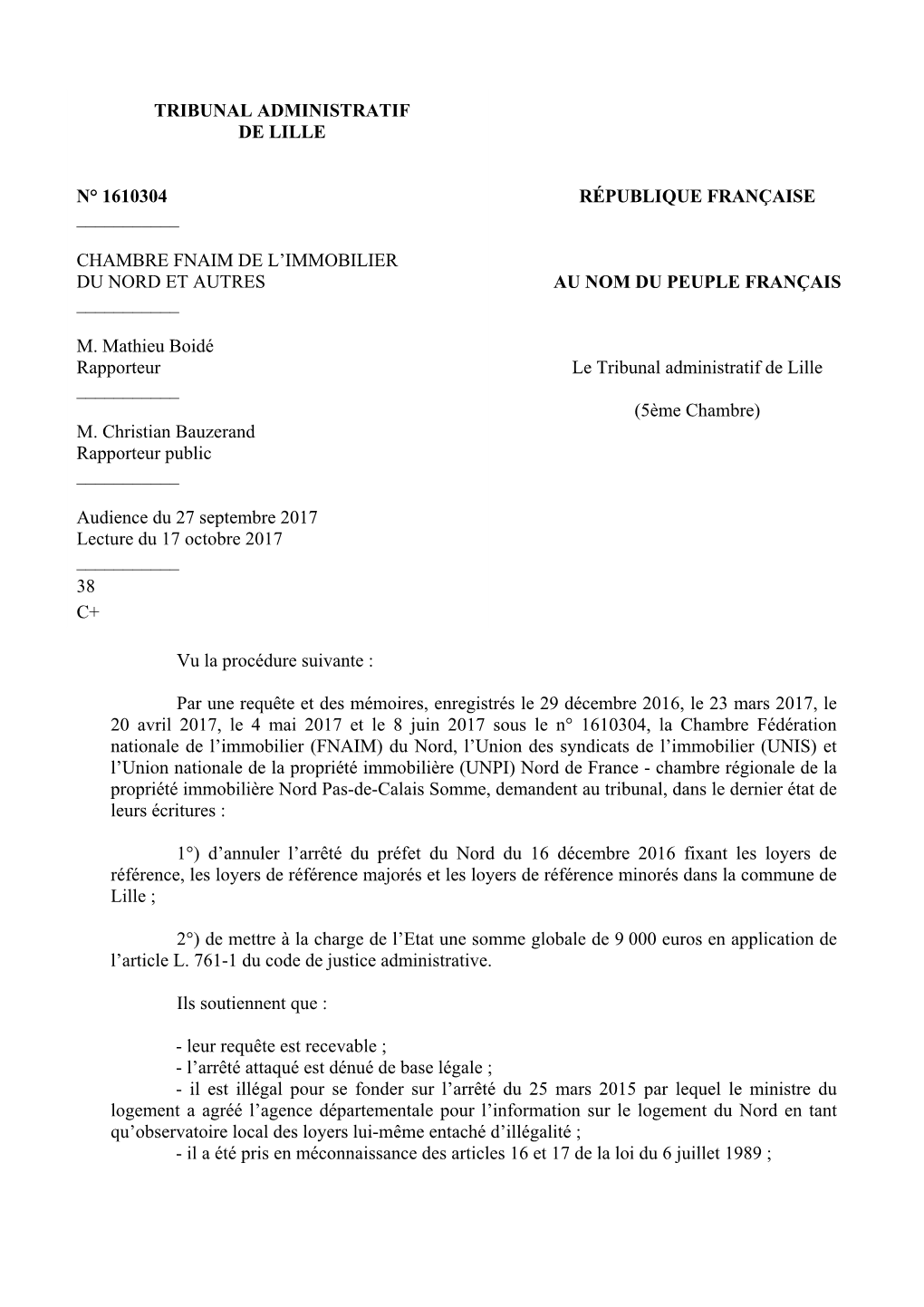 Tribunal Administratif De Lille N° 1610304