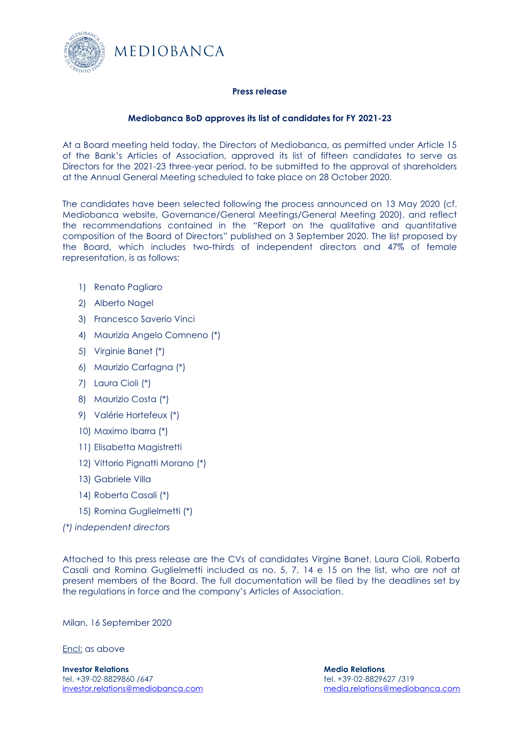 Mediobanca Bod Approves Its List of Candidates for FY 2021-23