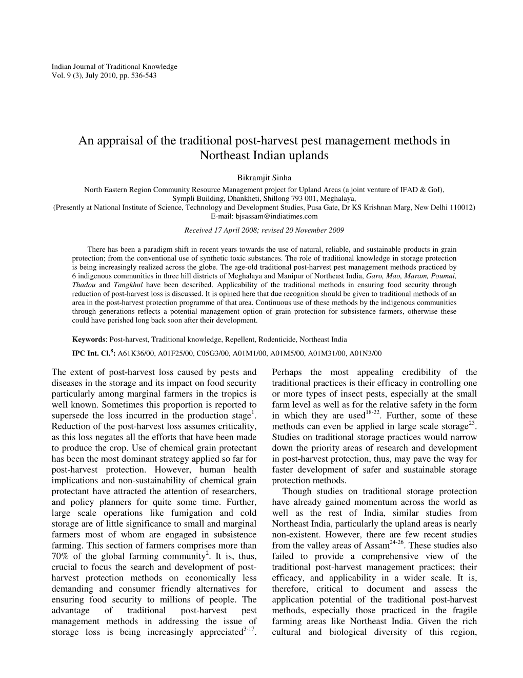 An Appraisal of the Traditional Post-Harvest Pest Management Methods in Northeast Indian Uplands