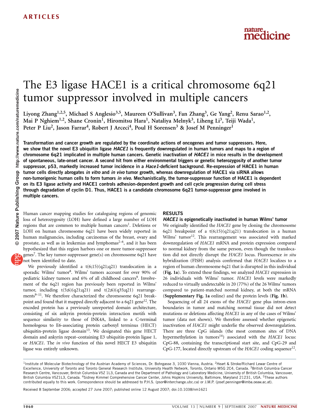 The E3 Ligase HACE1 Is a Critical Chromosome 6Q21 Tumor Suppressor Involved in Multiple Cancers