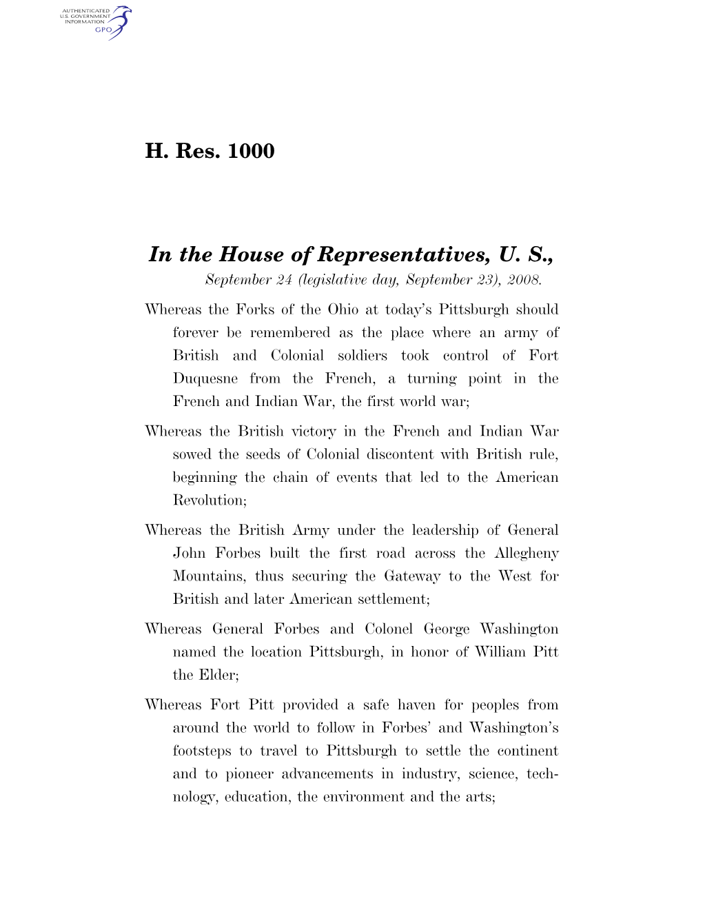 H. Res. 1000 in the House of Representatives, U