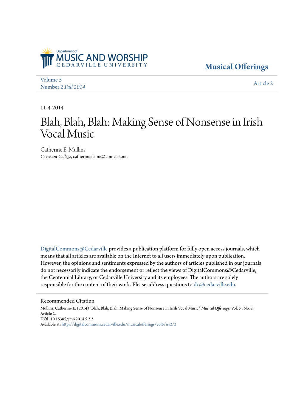 Making Sense of Nonsense in Irish Vocal Music Catherine E