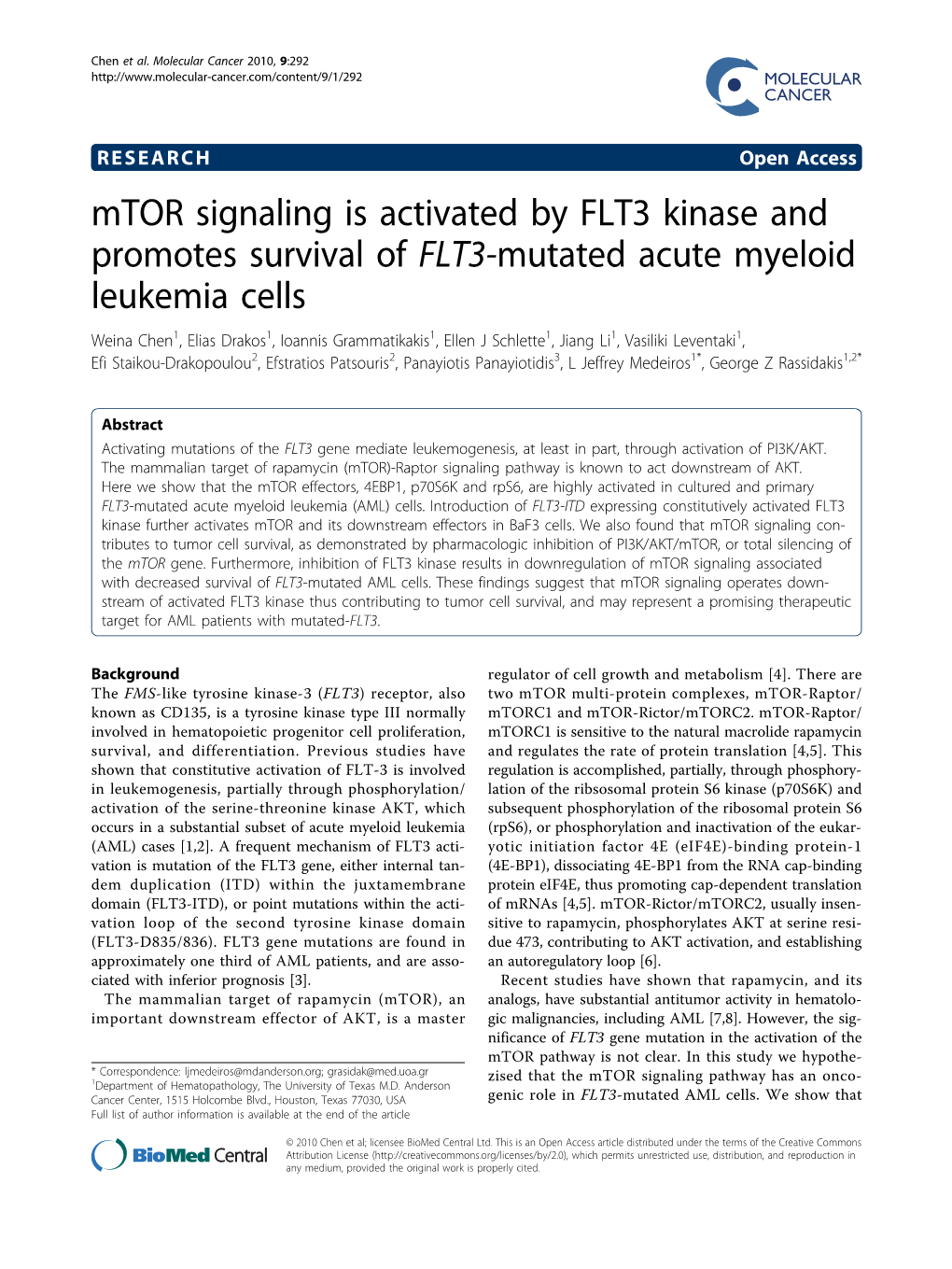 Mtor Signaling Is Activated by FLT3 Kinase and Promotes Survival Of