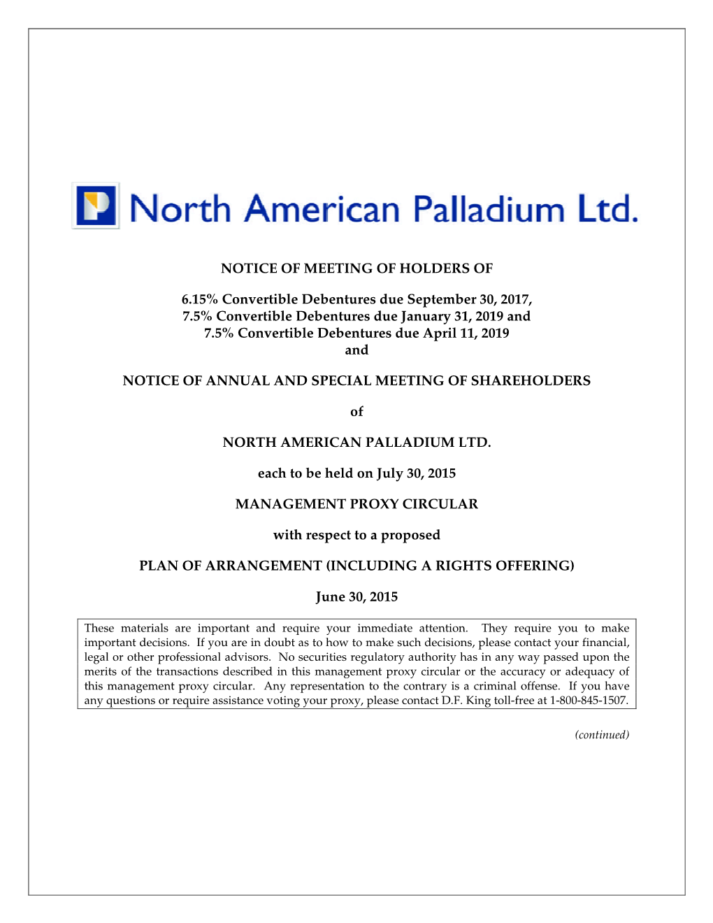 Circular for Recapitalization of North American Palladium Ltd