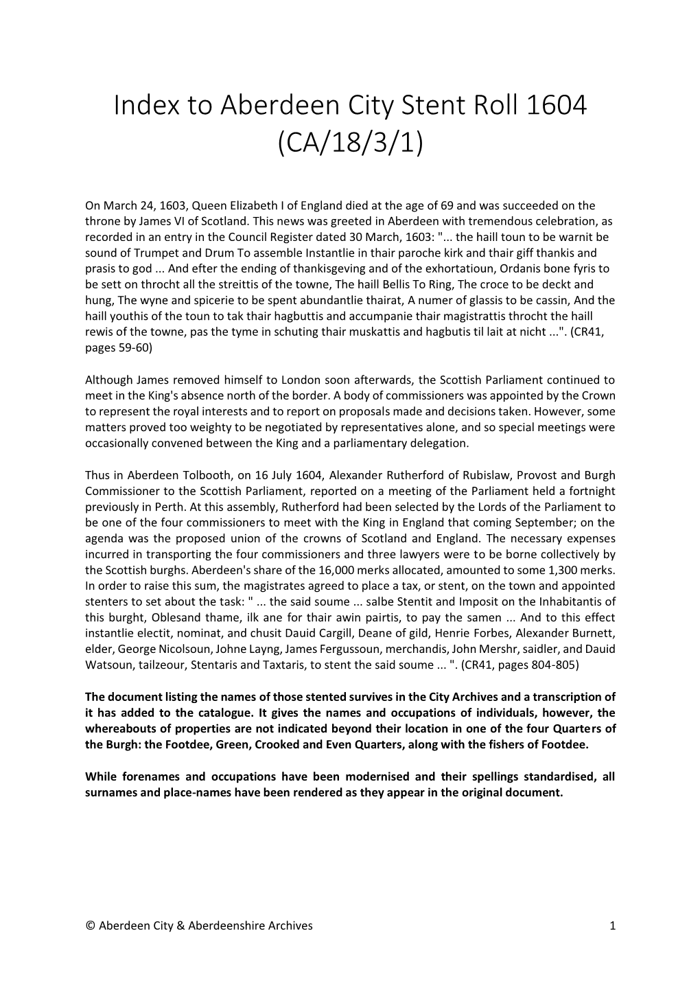 Index to Aberdeen City Stent Roll 1604 (CA/18/3/1)