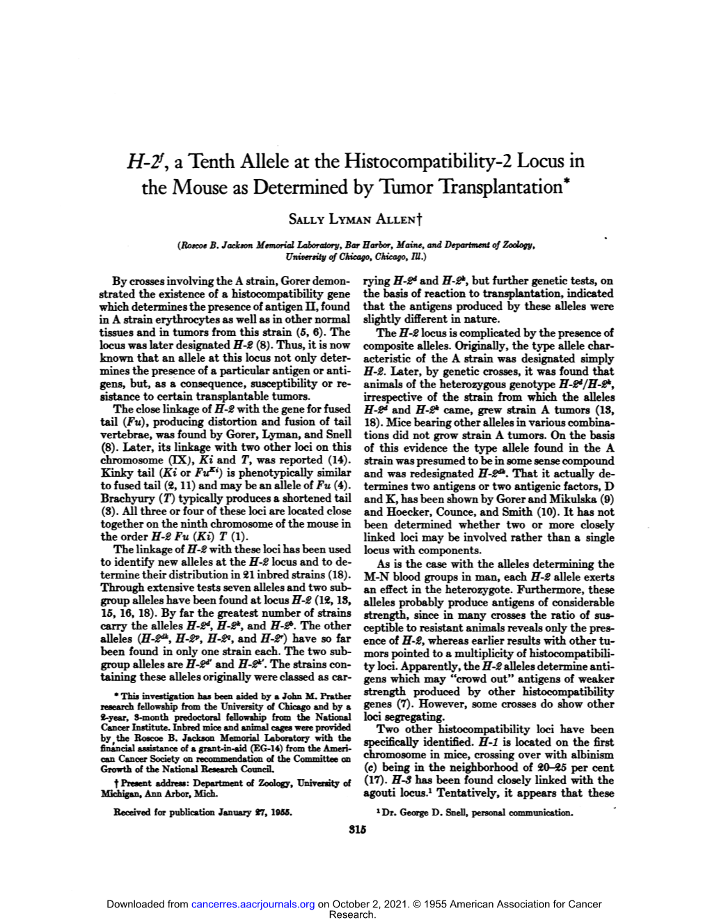 H-I, Atenth Allele at the Histocompatibility-2 Locus In