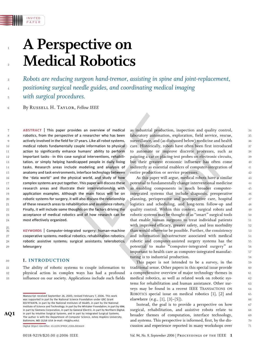 A Perspective on Medical Robotics