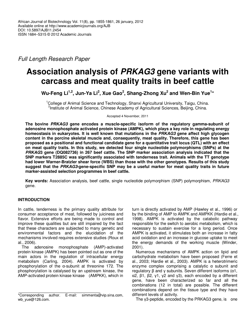 Association Analysis of PRKAG3 Gene Variants with Carcass and Meat Quality Traits in Beef Cattle