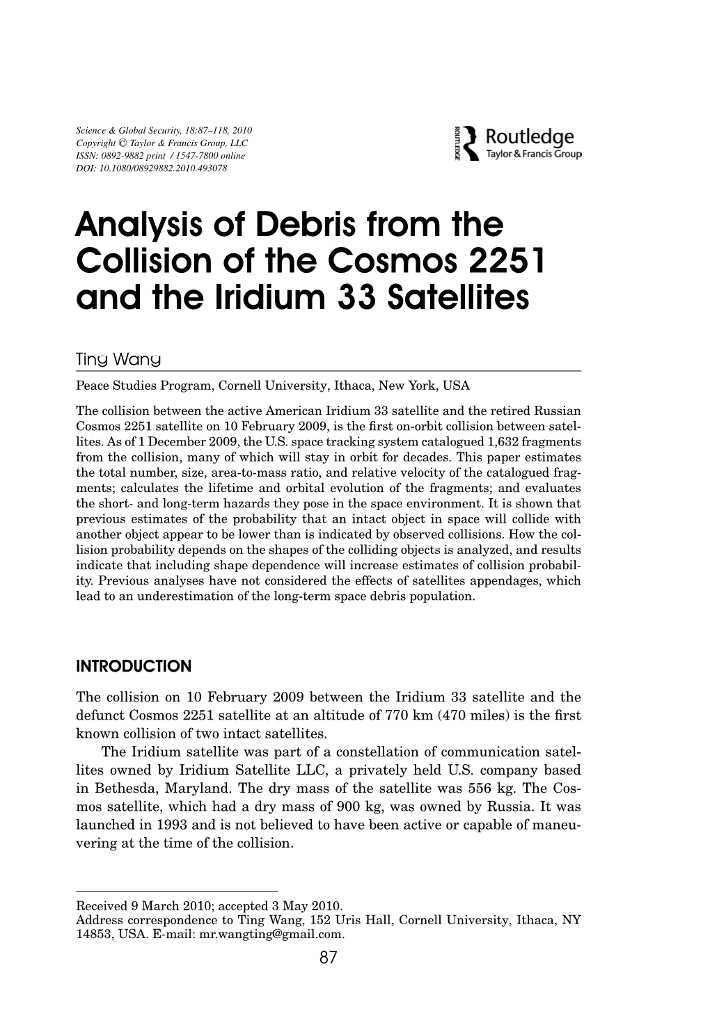 Analysis of Debris from the Collision of the Cosmos 2251 and the Iridium 33 Satellites