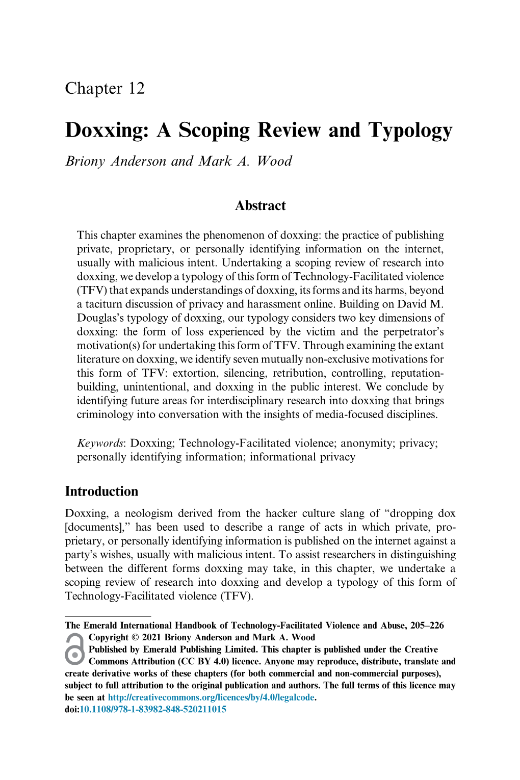 Doxxing: a Scoping Review and Typology Briony Anderson and Mark A