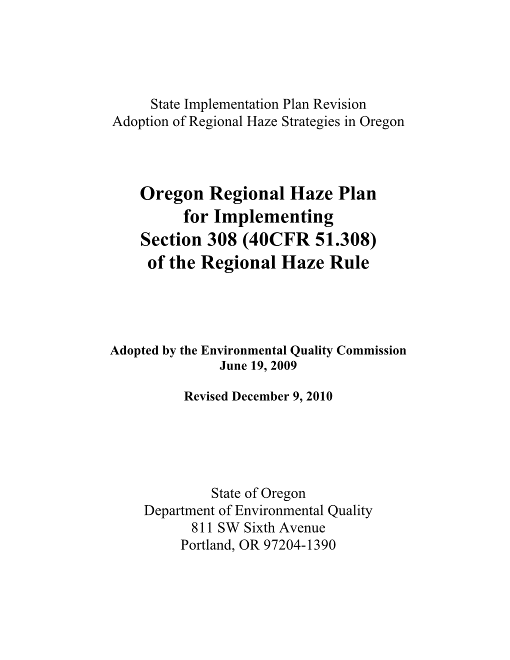 2008-2010 Regional Haze State Implementation Plan