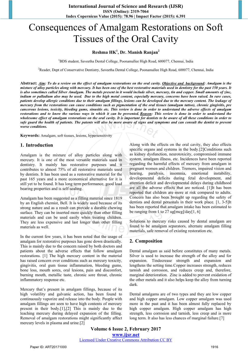 Consequences of Amalgam Restorations on Soft Tissues of the Oral Cavity