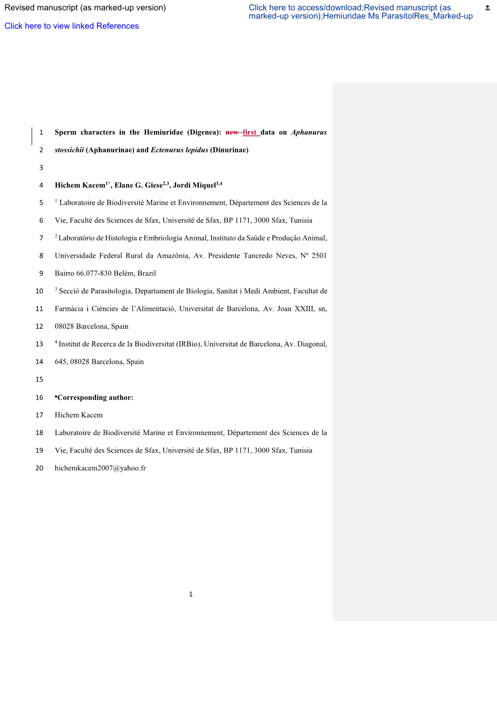 Hemiuridae Ms Parasitolres Marked-Up Click Here to View Linked References