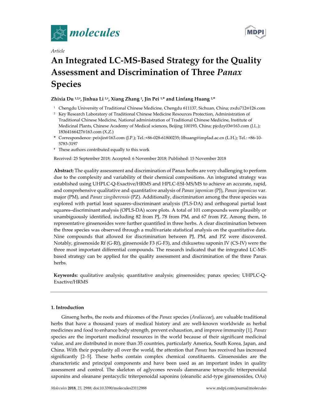 An Integrated LC-MS-Based Strategy for the Quality Assessment and Discrimination of Three Panax Species