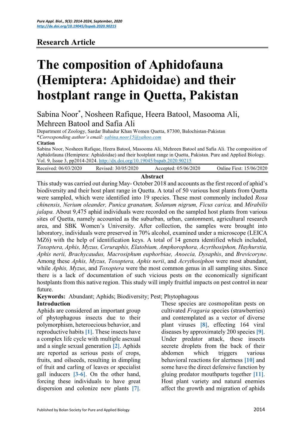 The Composition of Aphidofauna (Hemiptera: Aphidoidae) and Their Hostplant Range in Quetta, Pakistan