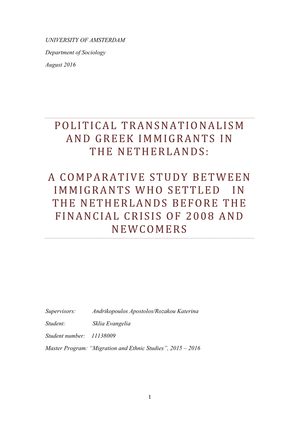 Political Transnationalism and Greek Immigrants in the Netherlands