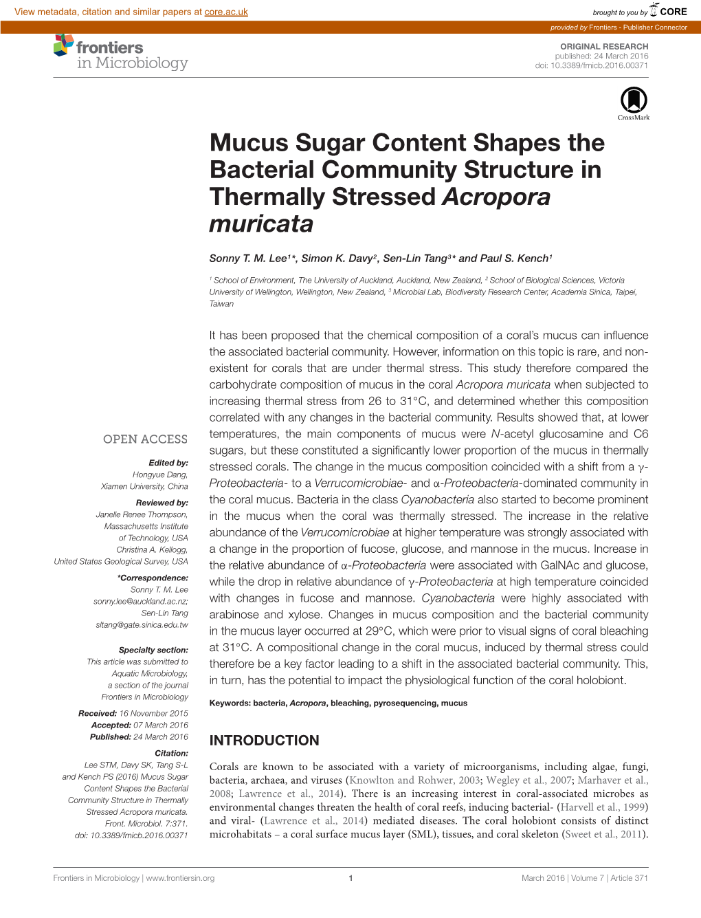 Mucus Sugar Content Shapes the Bacterial Community Structure in Thermally Stressed Acropora Muricata