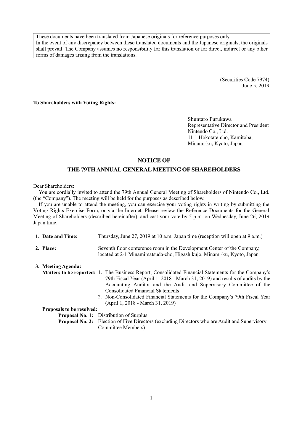 Non-Consolidated Financial Statements for the Company’S 79Th Fiscal Year (April 1, 2018 - March 31, 2019) Proposals to Be Resolved: Proposal No