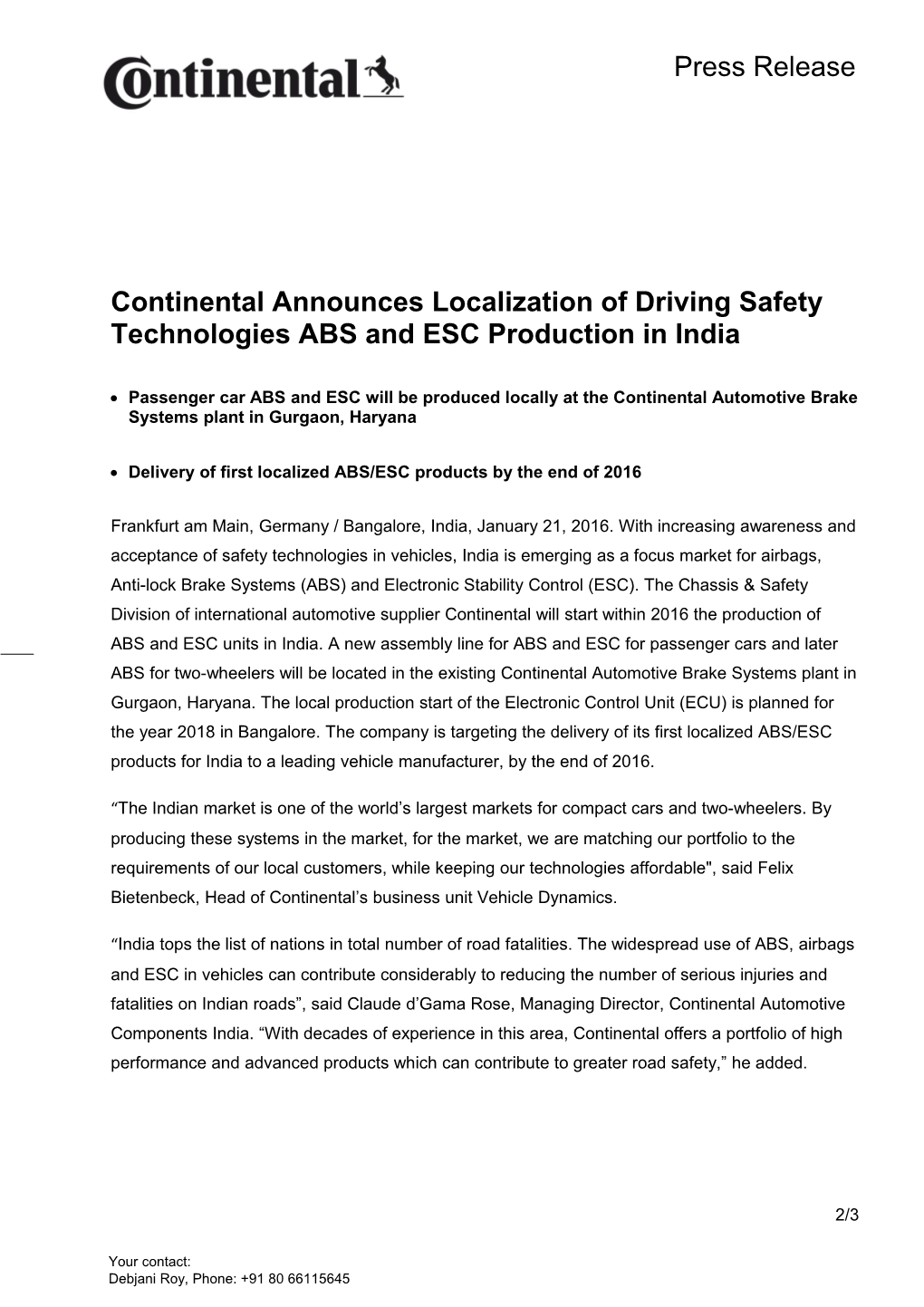 Continental Announces Localization of Driving Safety Technologies ABS and ESC Production