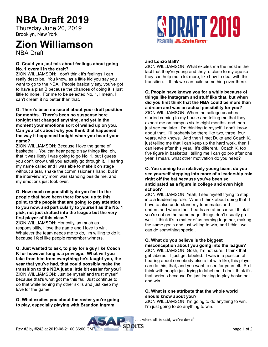 NBA Draft 2019 Zion Williamson