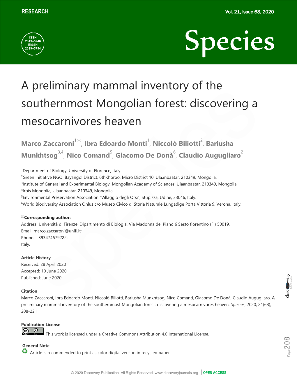 A Preliminary Mammal Inventory of the Southernmost Mongolian Forest: Discovering a Mesocarnivores Heaven