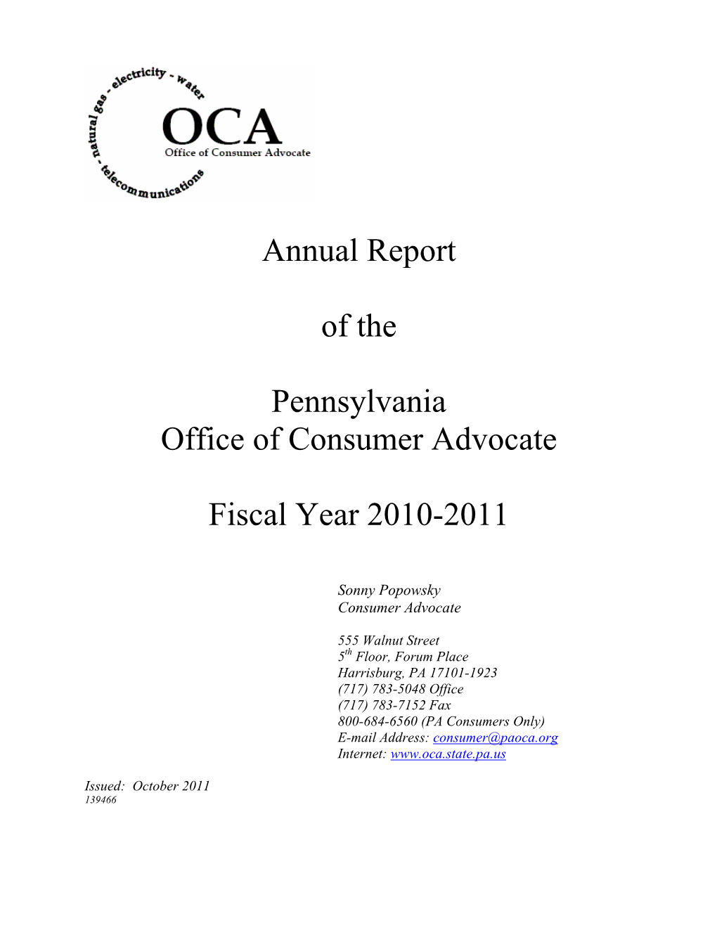 Annual Report of the Pennsylvania Office of Consumer Advocate Fiscal