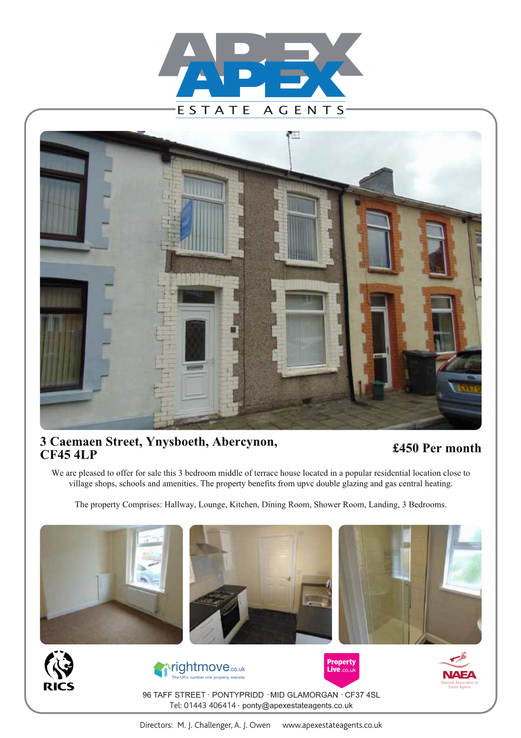 3 Caemaen Street, Ynysboeth, Abercynon, CF45 4LP £450 Per