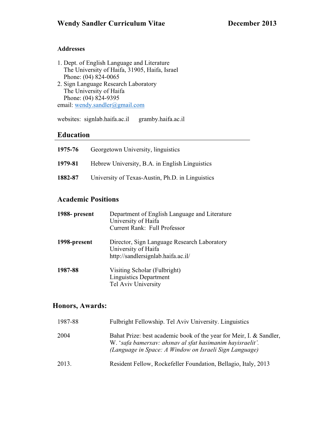 Wendy Sandler Curriculum Vitae December 2013