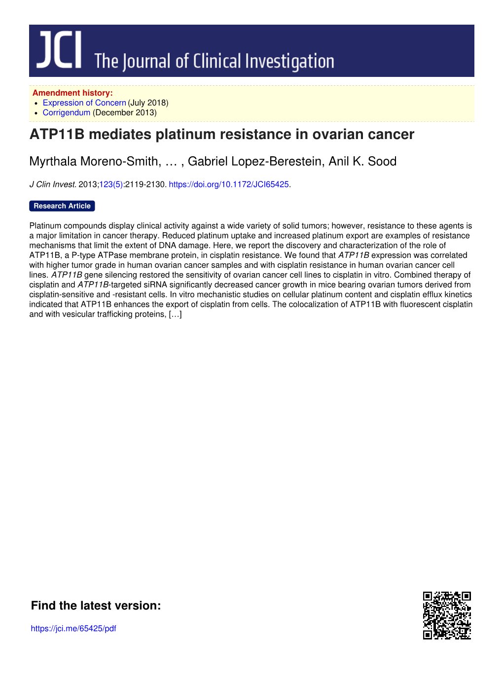 ATP11B Mediates Platinum Resistance in Ovarian Cancer