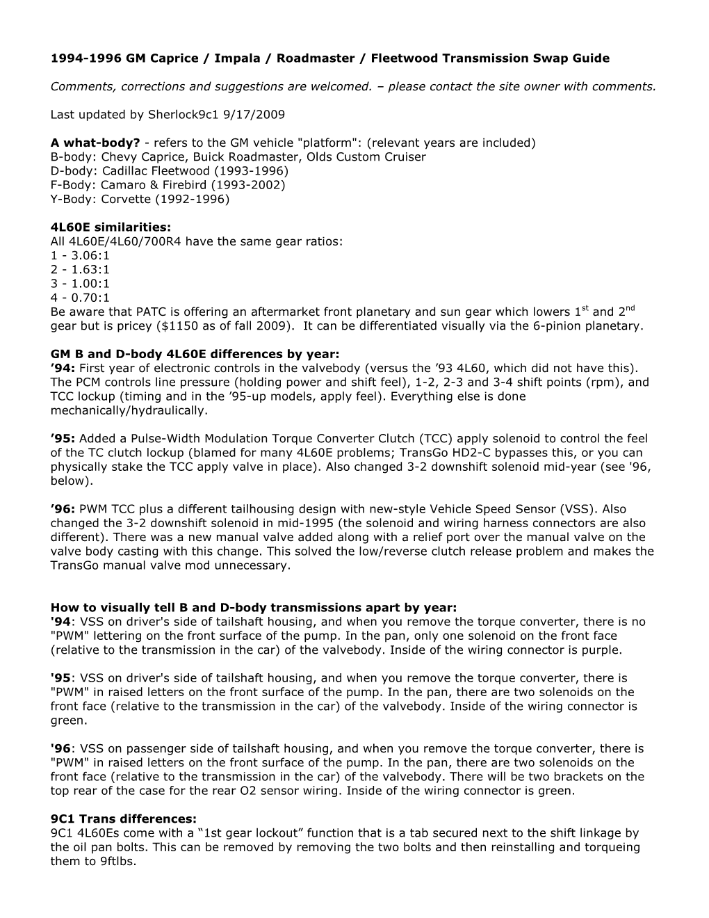 1994-1996 GM Caprice / Impala / Roadmaster / Fleetwood Transmission Swap Guide