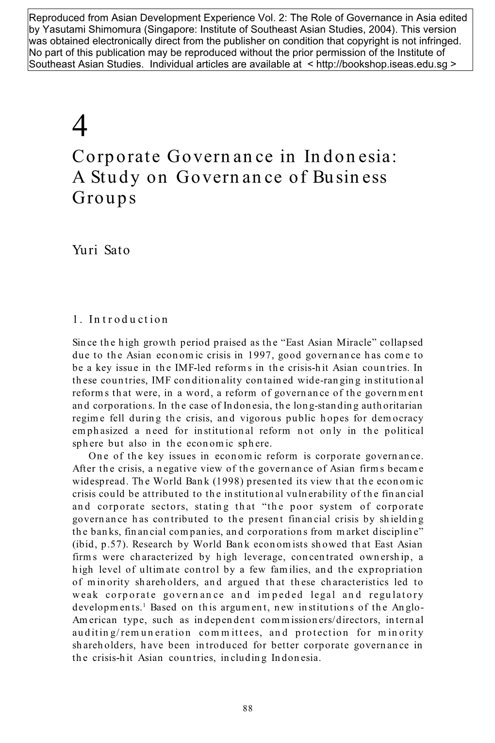 Corporate Governance in Indonesia: a Study on Governance of Business Groups