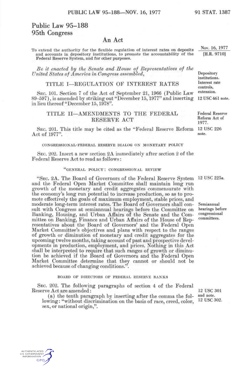 Federal Reserve Reform Act of 1977