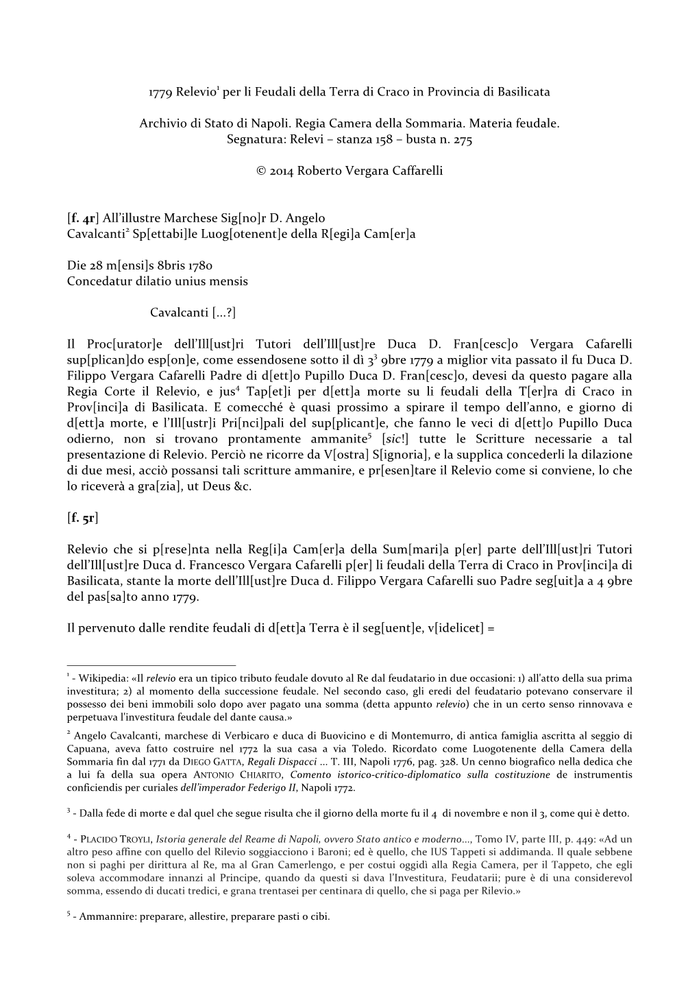 1780 Relevio Per Li Feudali Della Terra Di Craco in Provincia Di