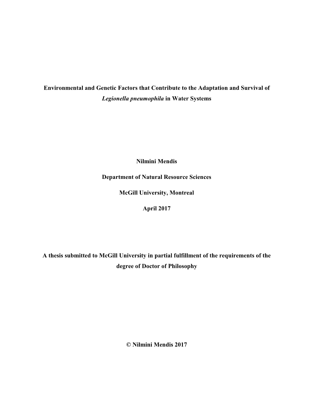 Environmental and Genetic Factors That Contribute to the Adaptation and Survival of Legionella Pneumophila in Water Systems Nilm