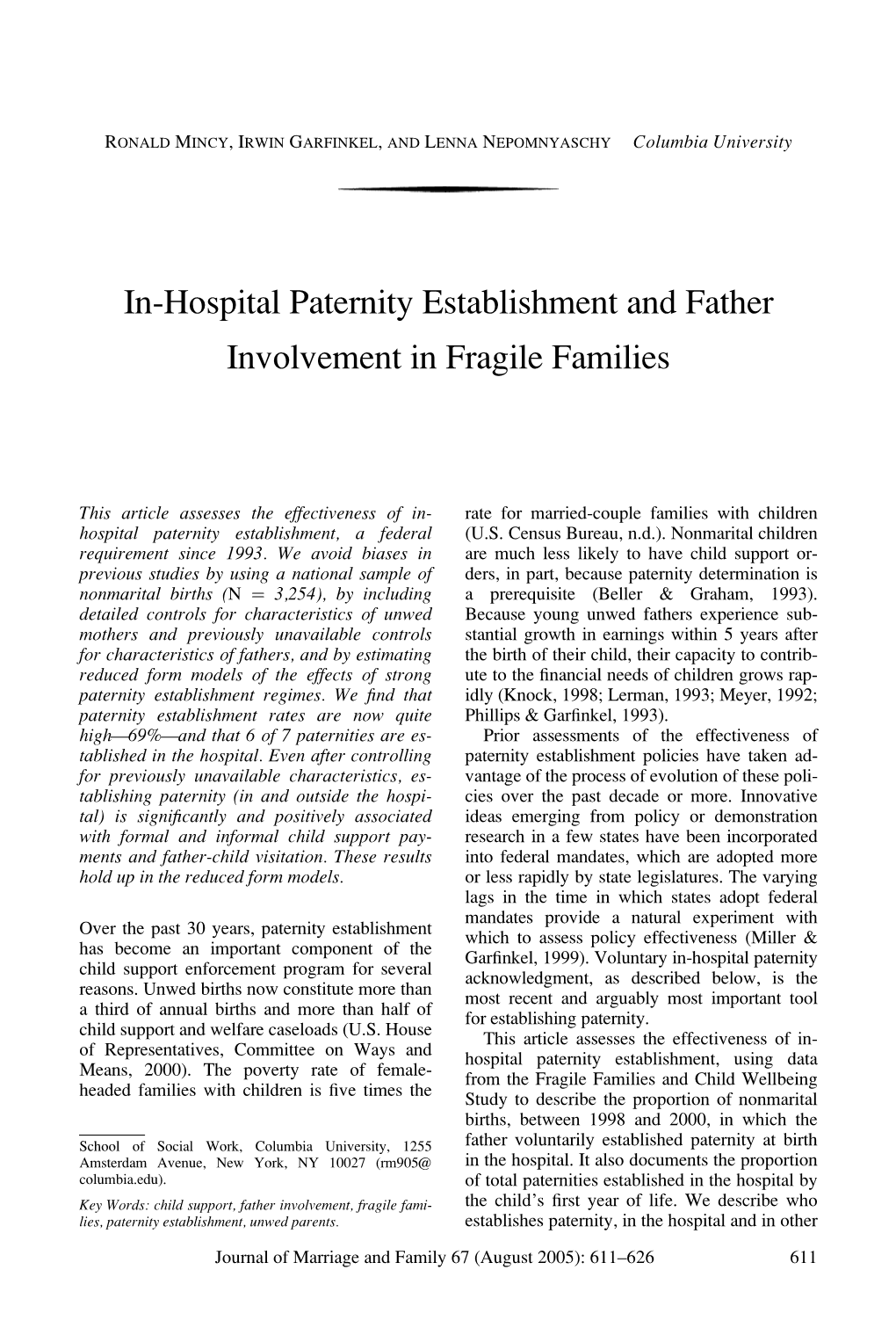 In-Hospital Paternity Establishment and Father Involvement in Fragile Families