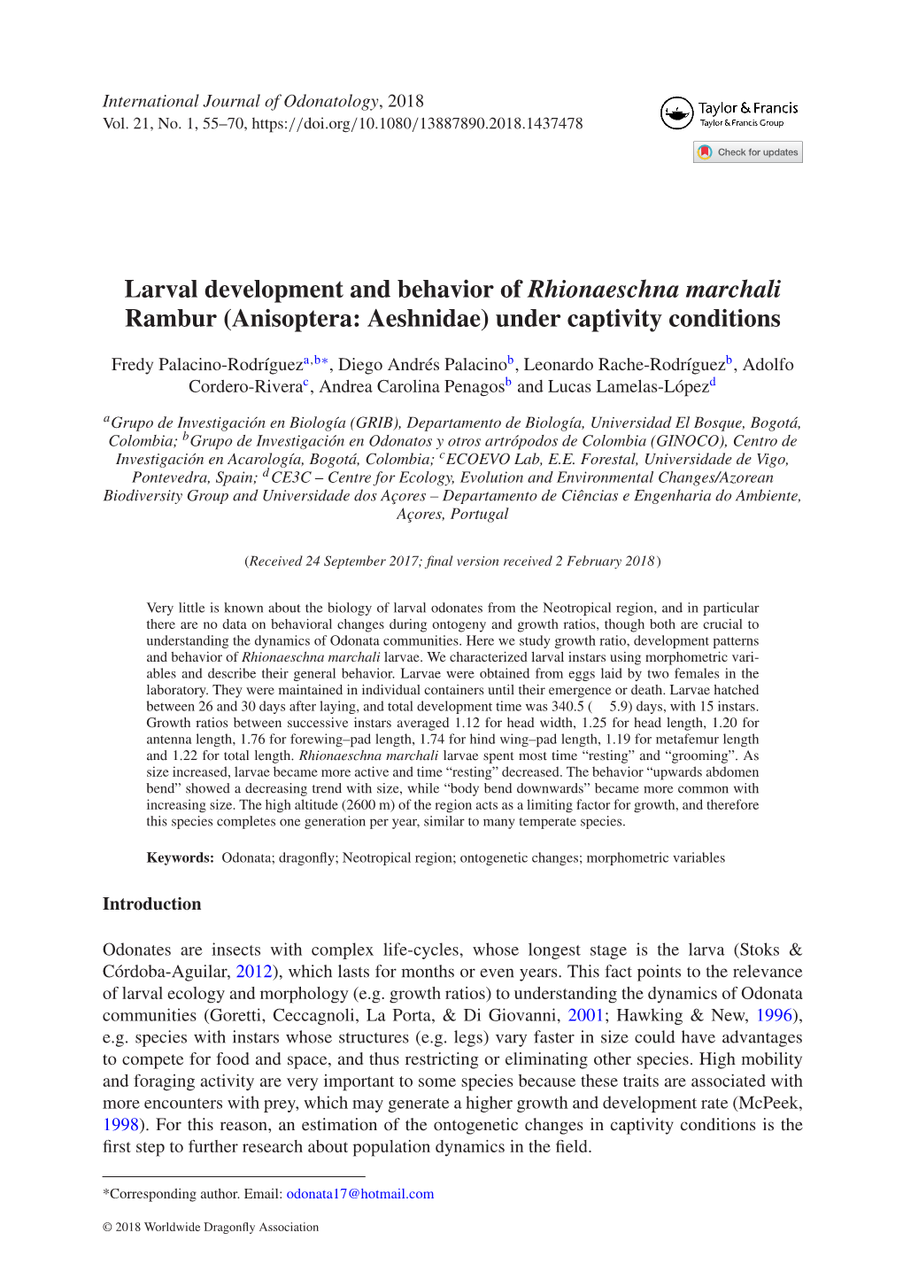 Larval Development and Behavior of Rhionaeschna Marchali Rambur (Anisoptera: Aeshnidae) Under Captivity Conditions
