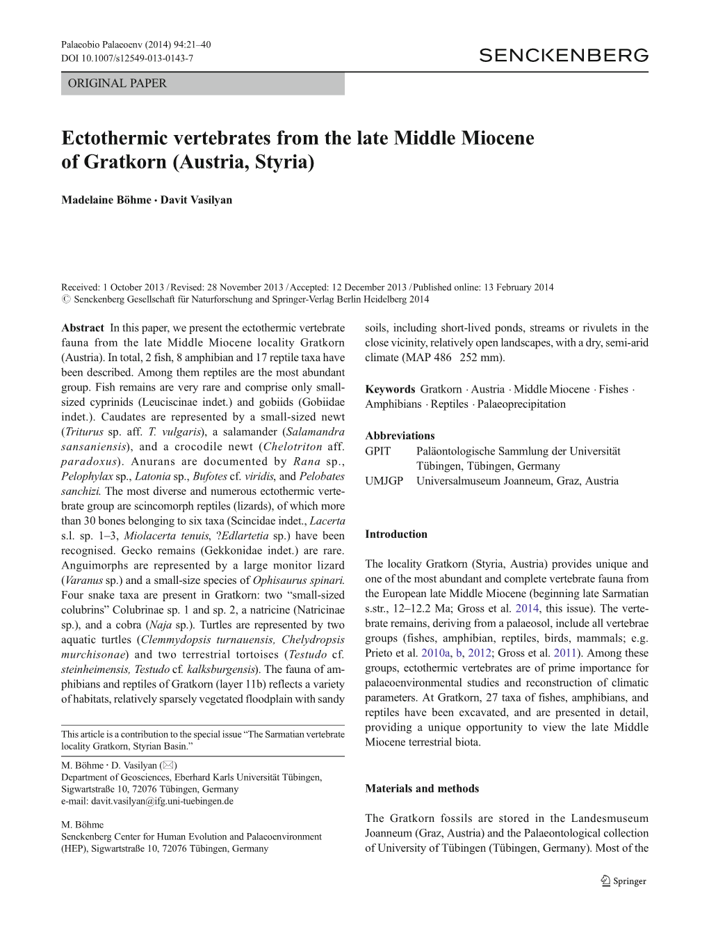 Ectothermic Vertebrates from the Late Middle Miocene of Gratkorn (Austria, Styria)