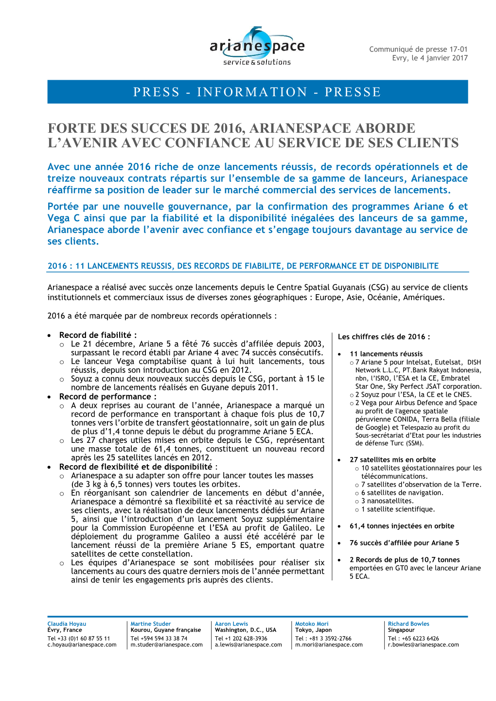 Forte Des Succes De 2016, Arianespace Aborde L’Avenir Avec Confiance Au Service De Ses Clients