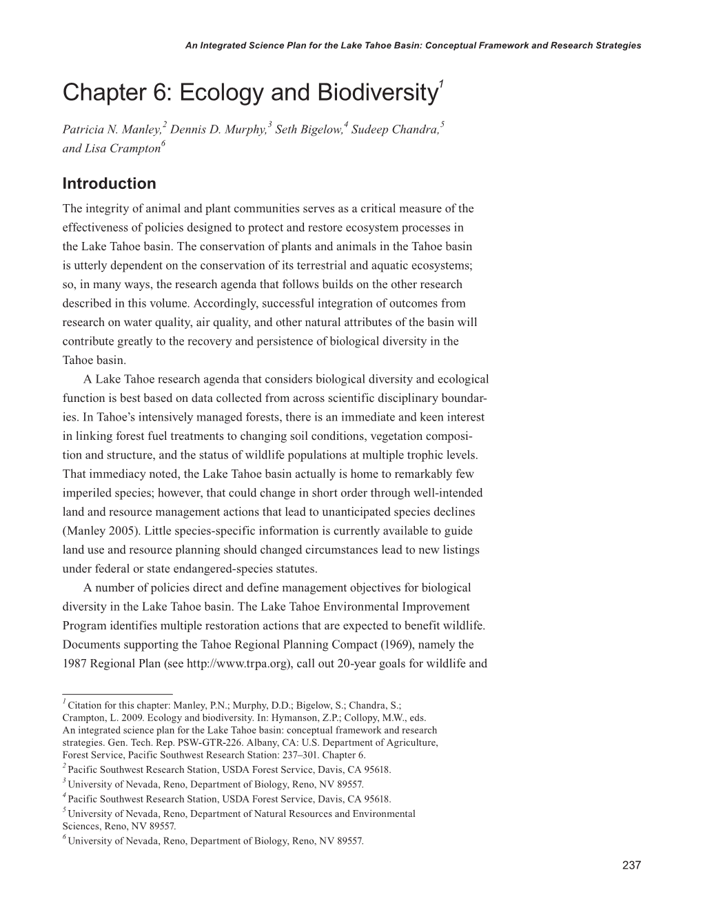 An Integrated Science Plan for the Lake Tahoe Basin: Conceptual Framework and Research Strategies