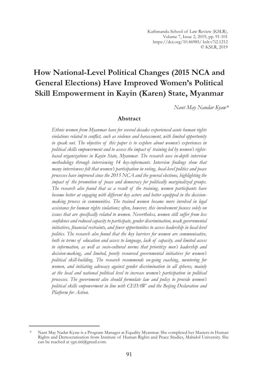 2015 NCA and General Elections) Have Improved Women’S Political Skill Empowerment in Kayin (Karen) State, Myanmar