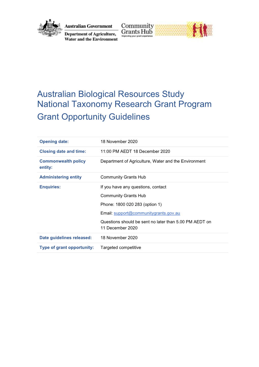 Australian Biological Resources Study National Taxonomy Research Grant Program Grant Opportunity Guidelines