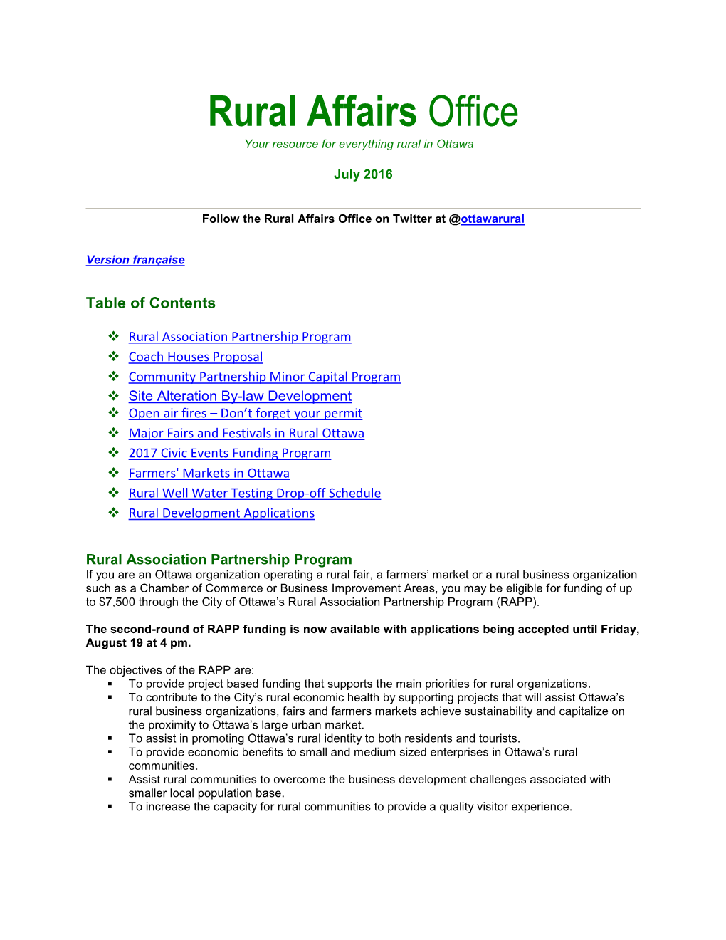 Rural Affairs Office Your Resource for Everything Rural in Ottawa