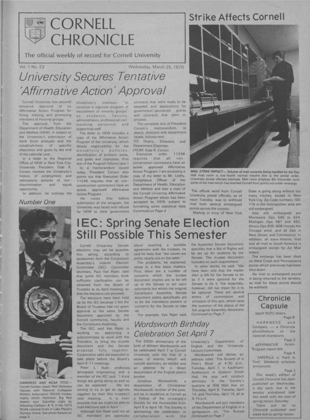 Cornell CHRONICLE the Official Weekly of Record for Cornell University