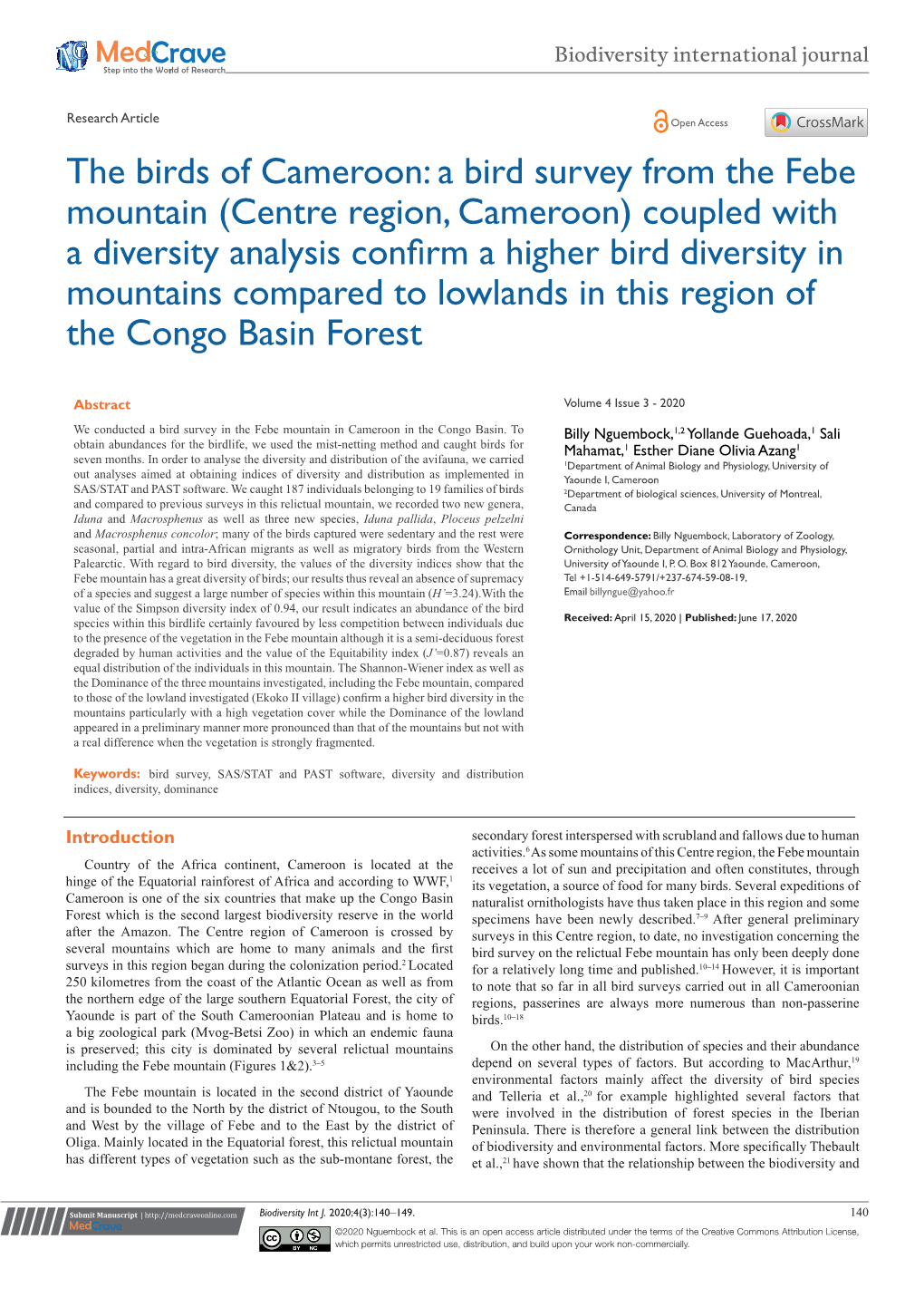 A Bird Survey from the Febe Mountain (Centre Region, Cameroon)