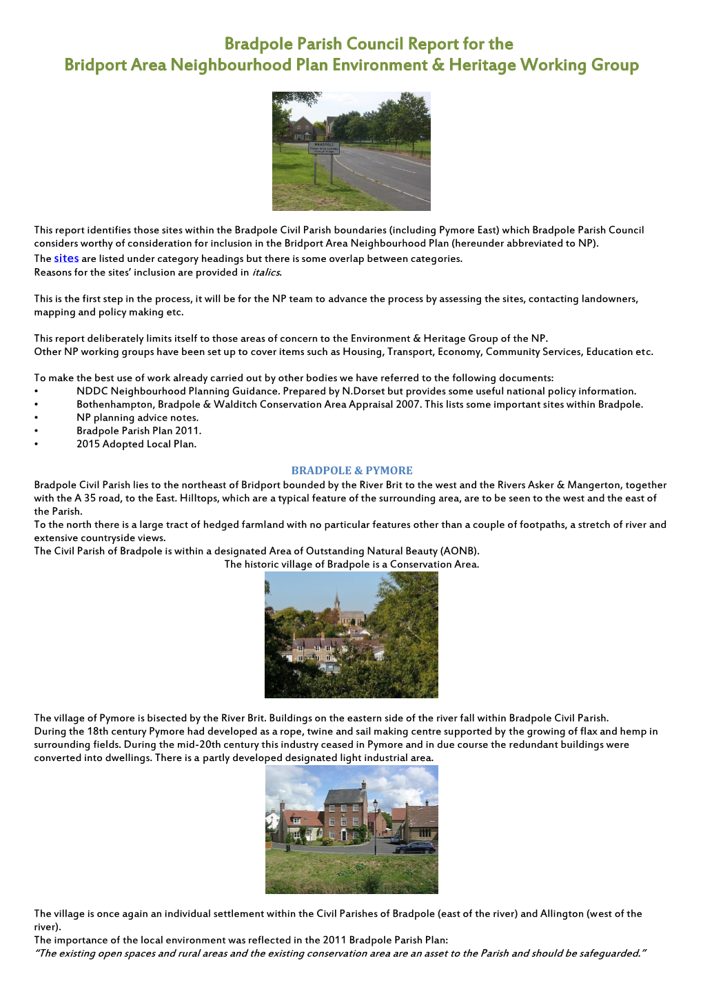 Bradpole Parish Council Report for the Bridport Area Neighbourhood Plan Environment & Heritage Working Group