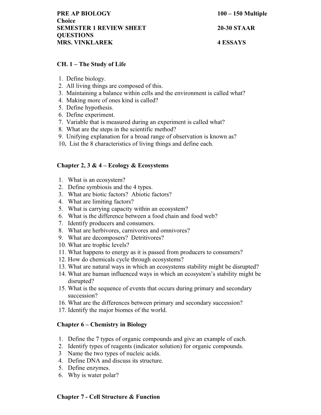 PRE AP BIOLOGY 100 150 Multiple Choice