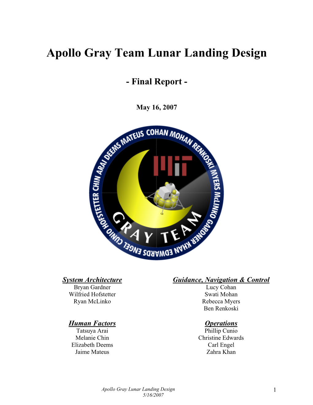 Apollo Gray Team Lunar Landing Design