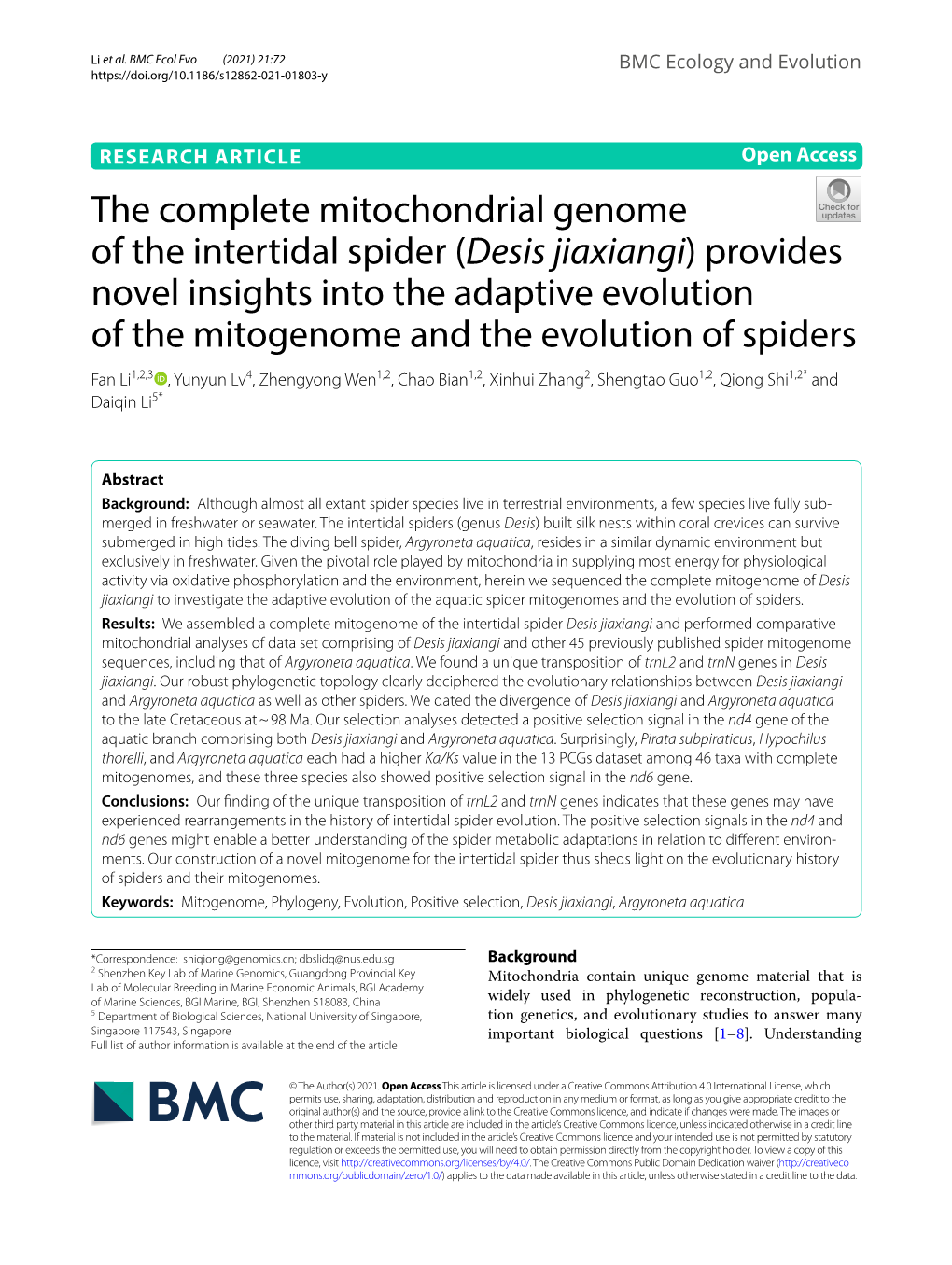 The Complete Mitochondrial Genome of the Intertidal Spider (