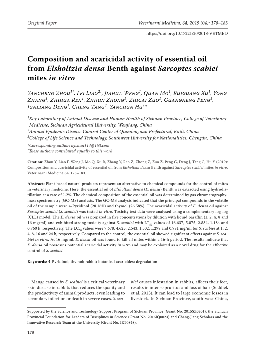 Composition and Acaricidal Activity of Essential Oil from Elsholtzia Densa Benth Against Sarcoptes Scabiei Mites in Vitro