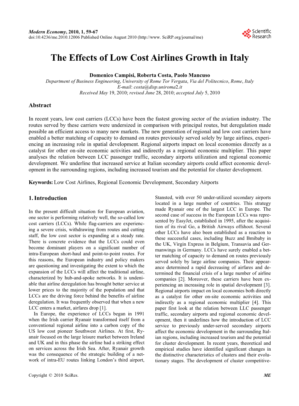 The Effects of Low Cost Airlines Growth in Italy